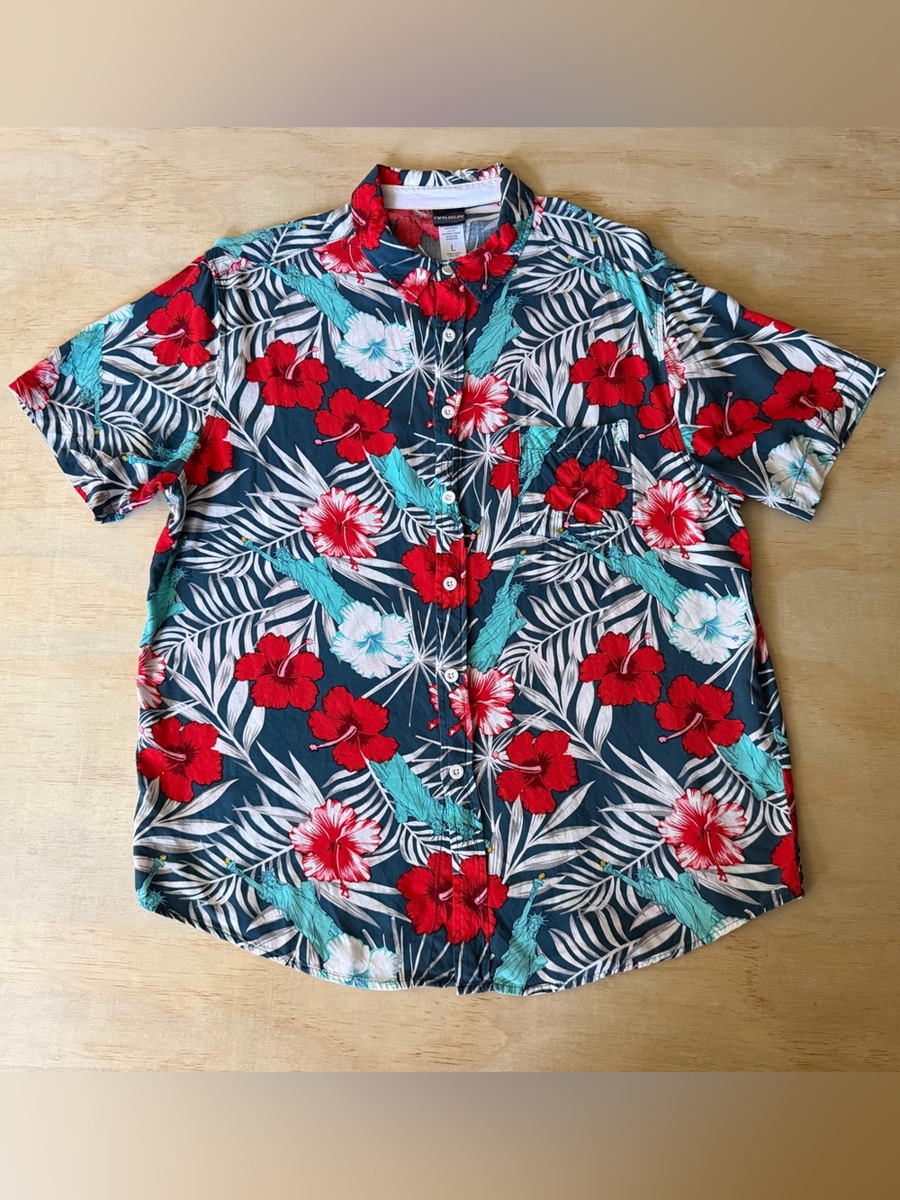 Fifth Sun Hawaiian Shirt Mens L Statue Liberty Hibiscus Rayon Tropical Floral